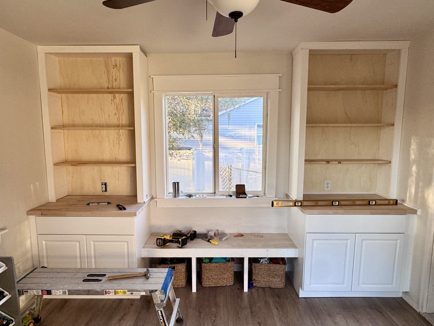 Custom built-in shelving and bench project in progress